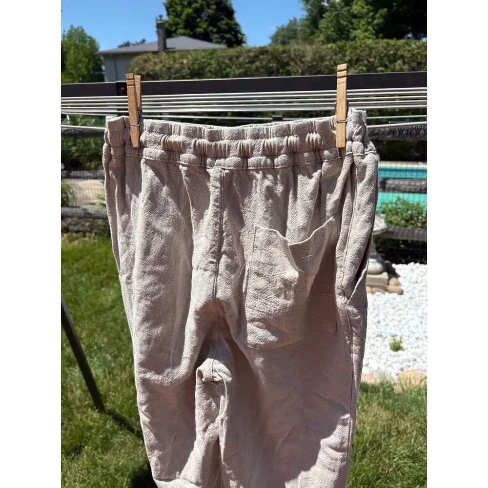 Zara Beige Linen Blend Jogger Pants Small Elastic Waist Beach Casual Lightweight
